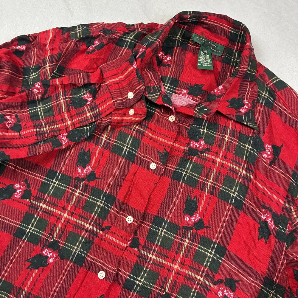 Lauren Ralph Lauren Linen Shirt Womens M Red Plaid Scottie Dog Button Up Preppy